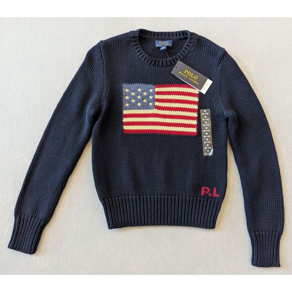NWT Polo Ralph Lauren Flag Cotton Crewneck Sweater Girls Size M 8-10 - Picture 1 of 7